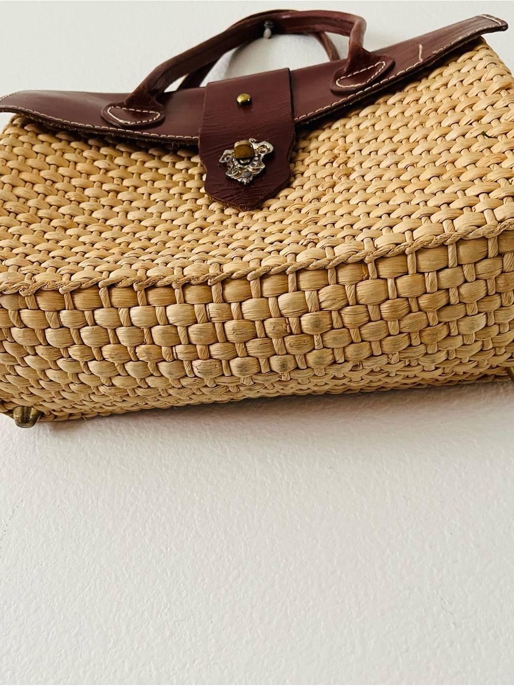 Brown Leather & Natural Woven Tote Handbag 10/13 Inches - Picture 2 of 10